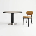 Travertine Sintered Stone Dining Table with Sculptural Ash Wood Base and Stainless Steel Detail