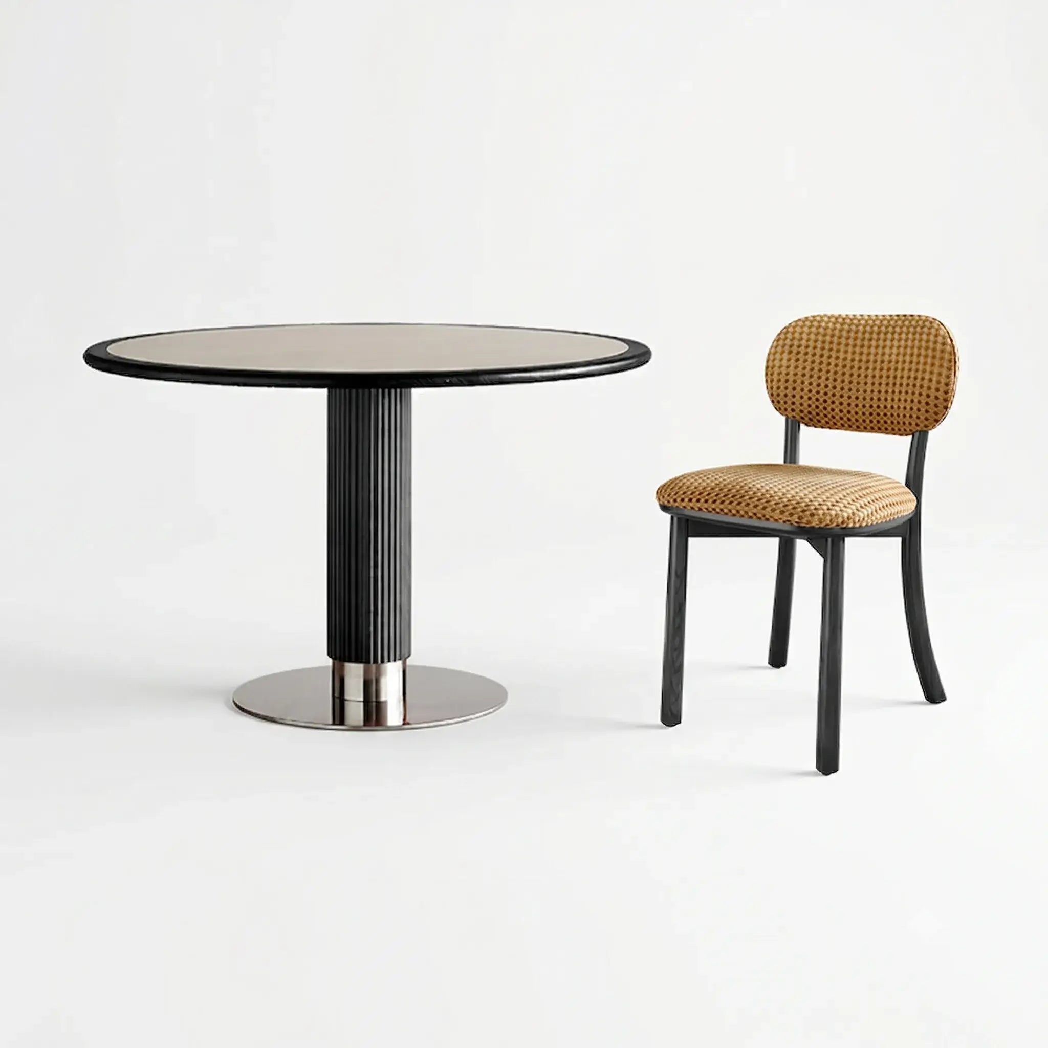 Travertine Sintered Stone Dining Table with Sculptural Ash Wood Base and Stainless Steel Detail