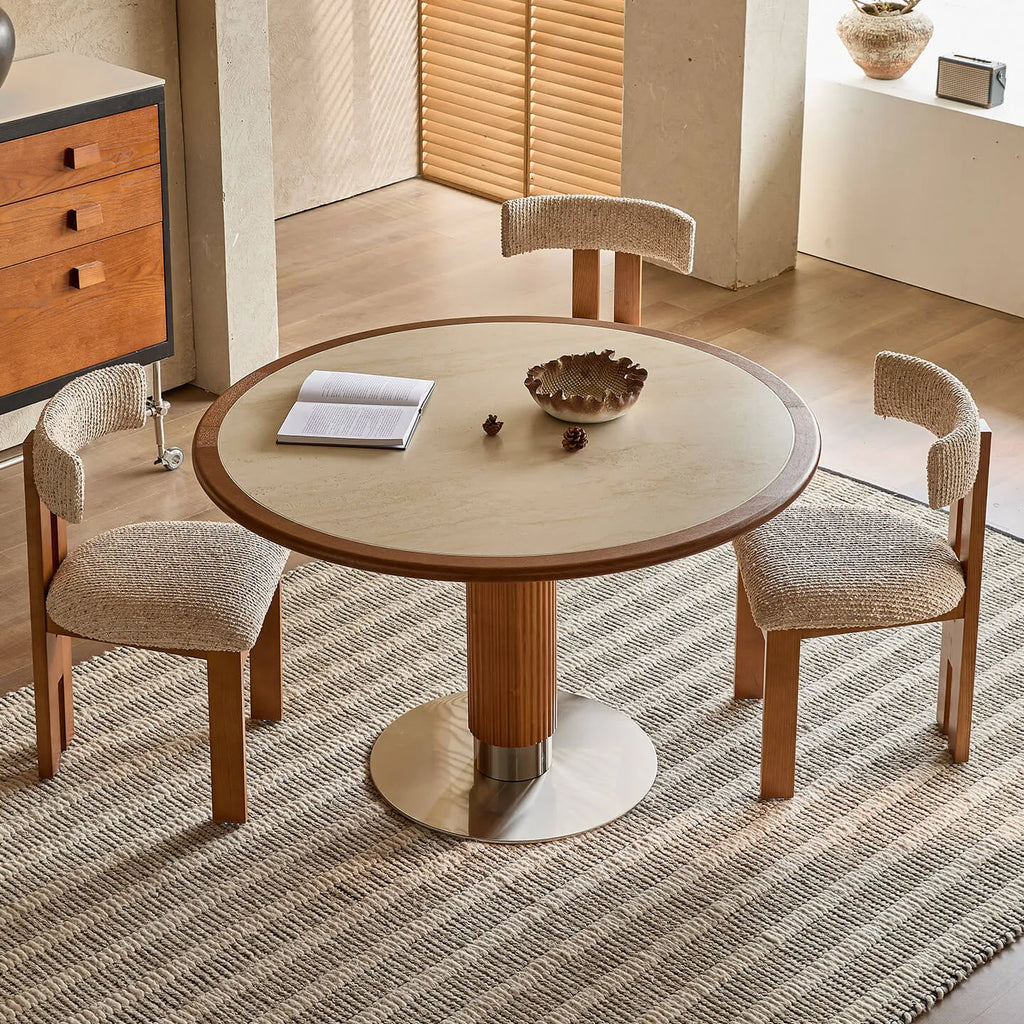 Travertine Sintered Stone Dining Table with Sculptural Ash Wood Base and Stainless Steel Detail Main Product Image