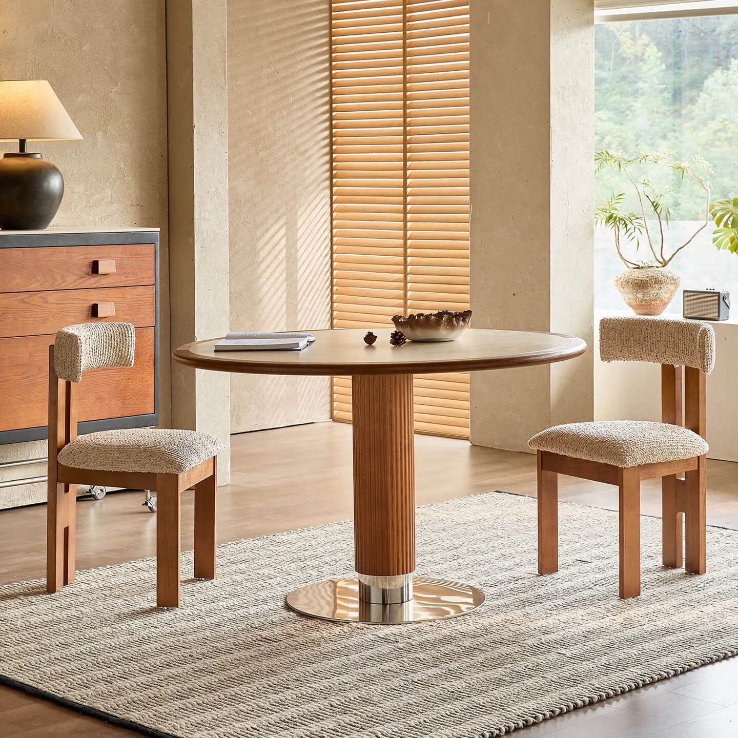 Travertine Sintered Stone Dining Table with Sculptural Ash Wood Base and Stainless Steel Detail Image secondaire du produit