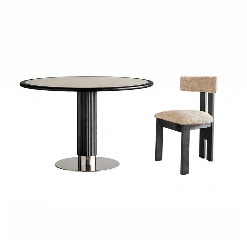 Travertine Sintered Stone Dining Table with Sculptural Ash Wood Base and Stainless Steel Detail