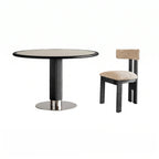 Travertine Sintered Stone Dining Table with Sculptural Ash Wood Base and Stainless Steel Detail