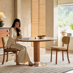 Travertine Sintered Stone Dining Table with Sculptural Ash Wood Base and Stainless Steel Detail