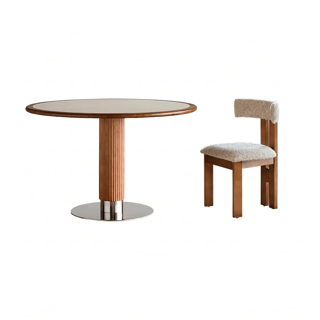 Travertine Sintered Stone Dining Table with Sculptural Ash Wood Base and Stainless Steel Detail