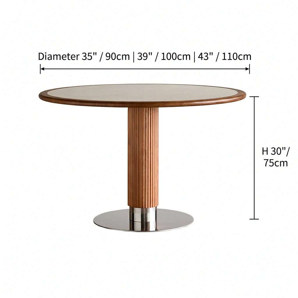Travertine Sintered Stone Dining Table with Sculptural Ash Wood Base and Stainless Steel Detail Dimensions