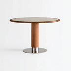 Travertine Sintered Stone Dining Table with Sculptural Ash Wood Base and Stainless Steel Detail