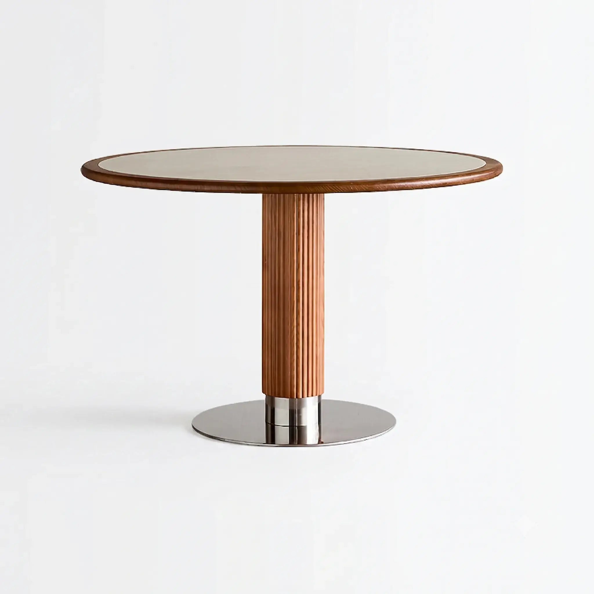 Travertine Sintered Stone Dining Table with Sculptural Ash Wood Base and Stainless Steel Detail