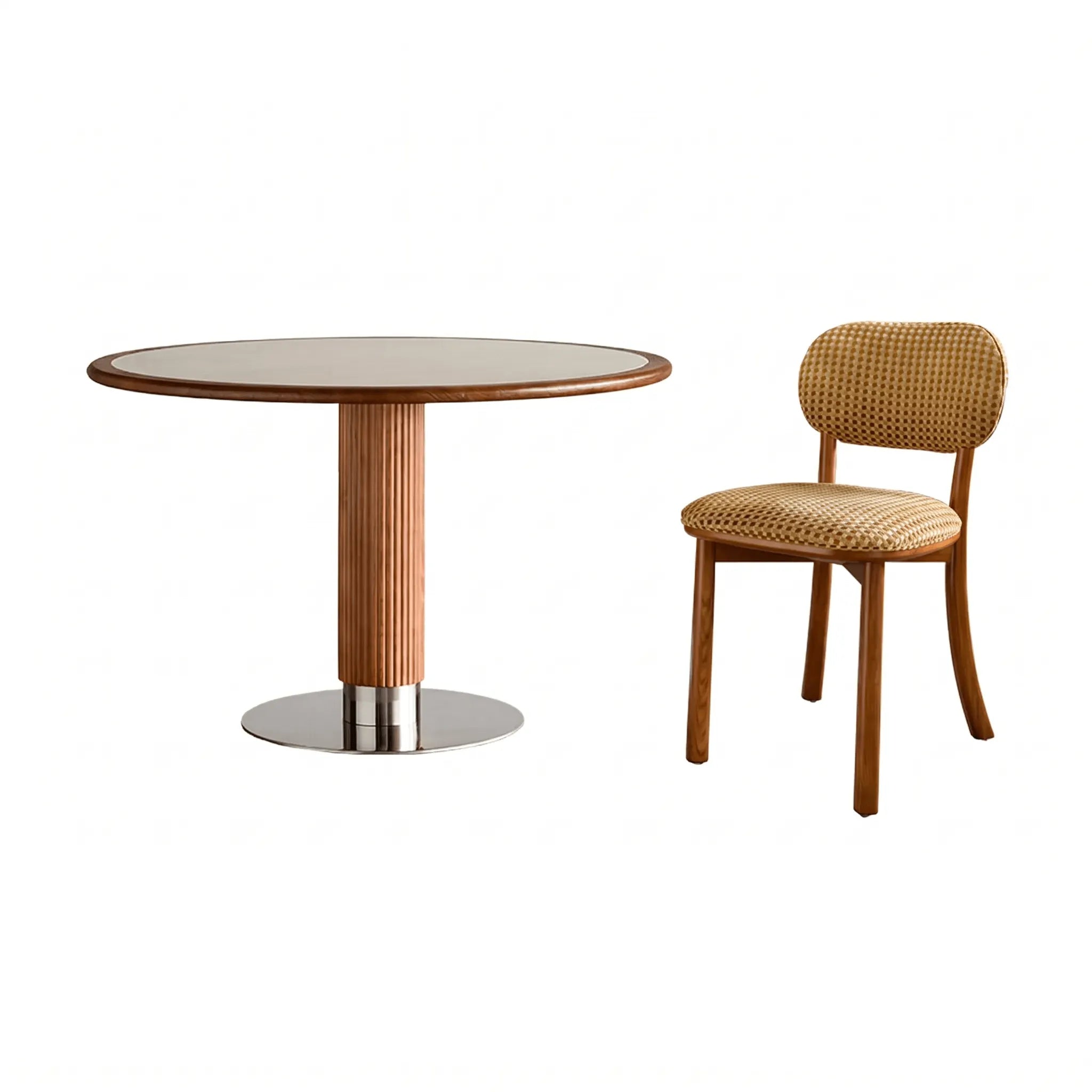 Travertine Sintered Stone Dining Table with Sculptural Ash Wood Base and Stainless Steel Detail