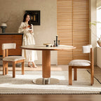 Travertine Sintered Stone Dining Table with Sculptural Ash Wood Base and Stainless Steel Detail