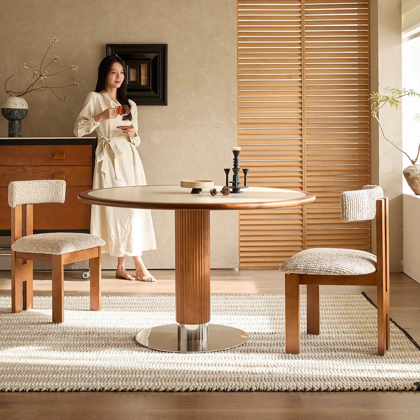 Travertine Sintered Stone Dining Table with Sculptural Ash Wood Base and Stainless Steel Detail