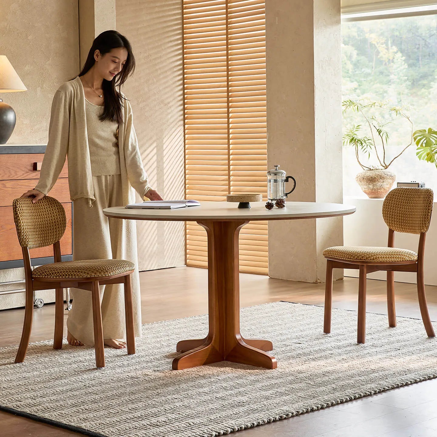 Travertine Sintered Stone Dining Table with Sculptural Ash Wood Base Main Product Image Main image