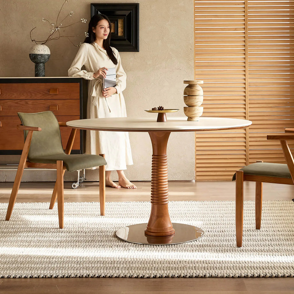Travertine Sintered Stone Dining Table with Sculptural Ash Wood Base Main Product Image