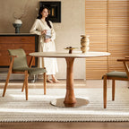 Travertine Sintered Stone Dining Table with Sculptural Ash Wood Base Main Product Image