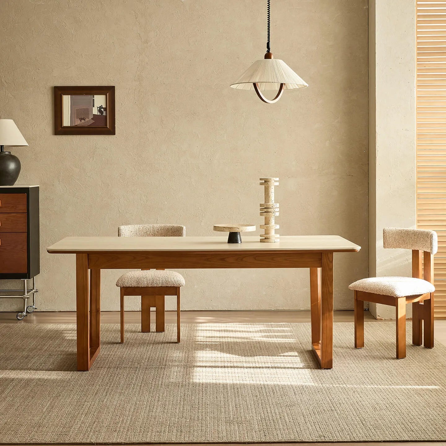 Travertine Sintered Stone Dining Table with Sculptural Frame and Rounded Edges