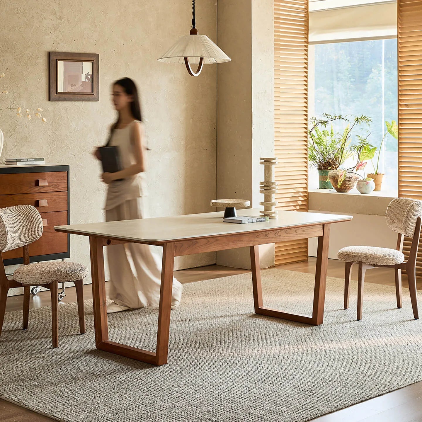 Travertine Sintered Stone Dining Table with Sculptural Frame and Rounded Edges