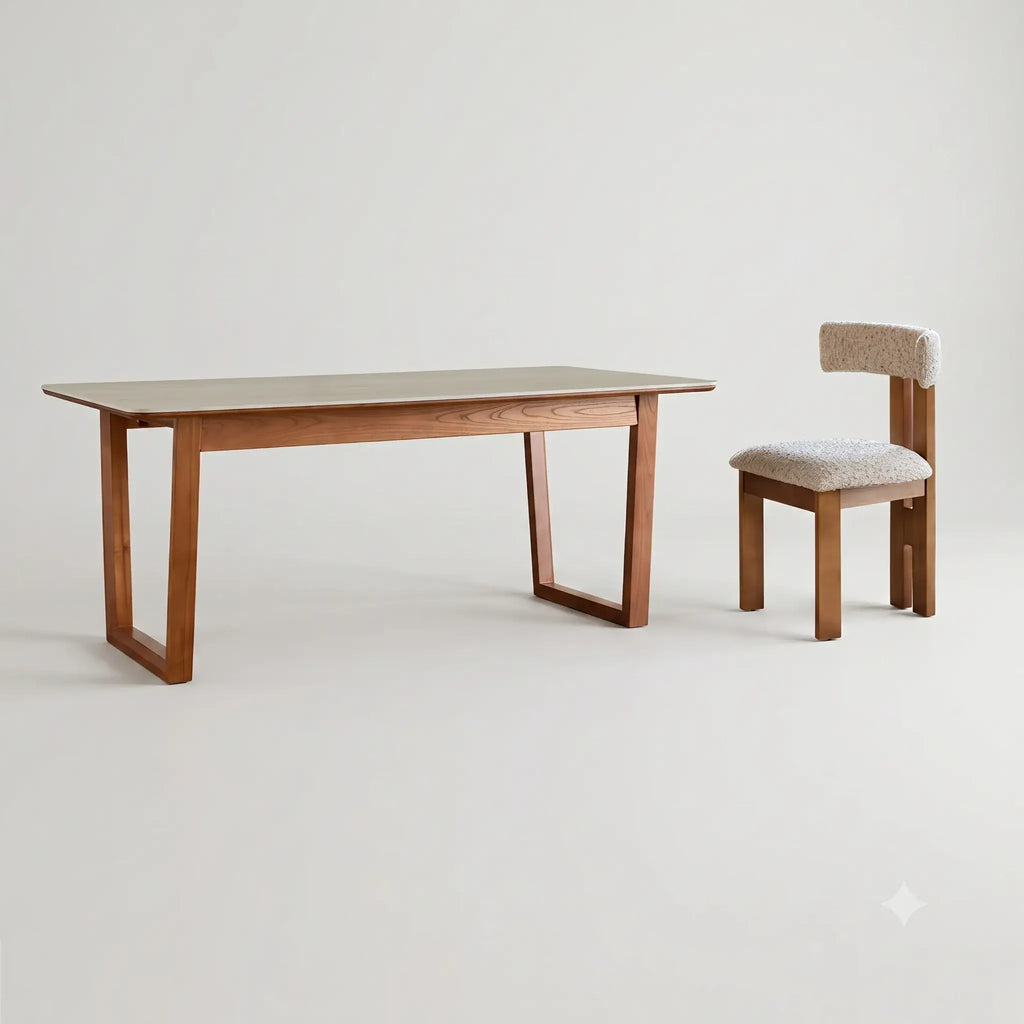 Travertine Sintered Stone Dining Table with Sculptural Frame and Rounded Edges