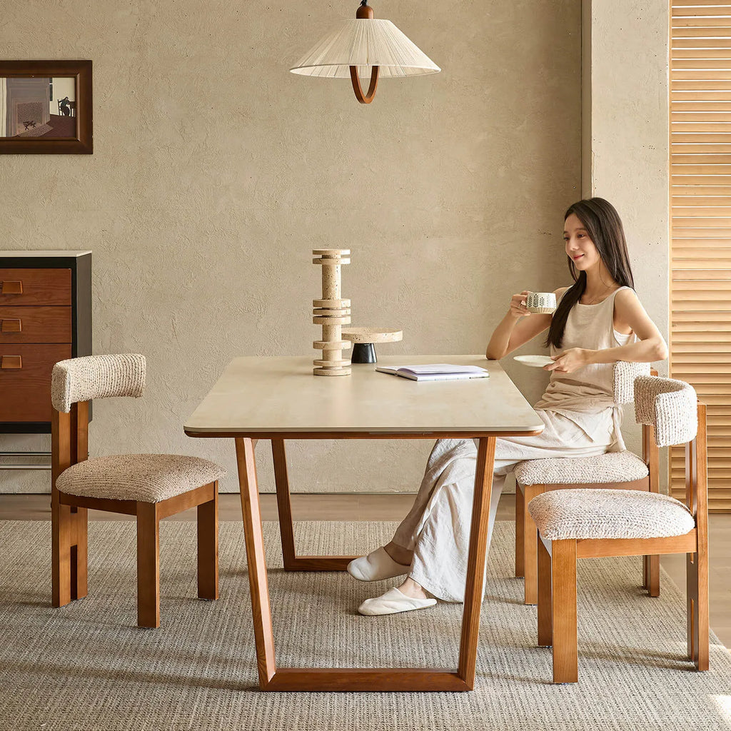 Travertine Sintered Stone Dining Table with Sculptural Frame and Rounded Edges