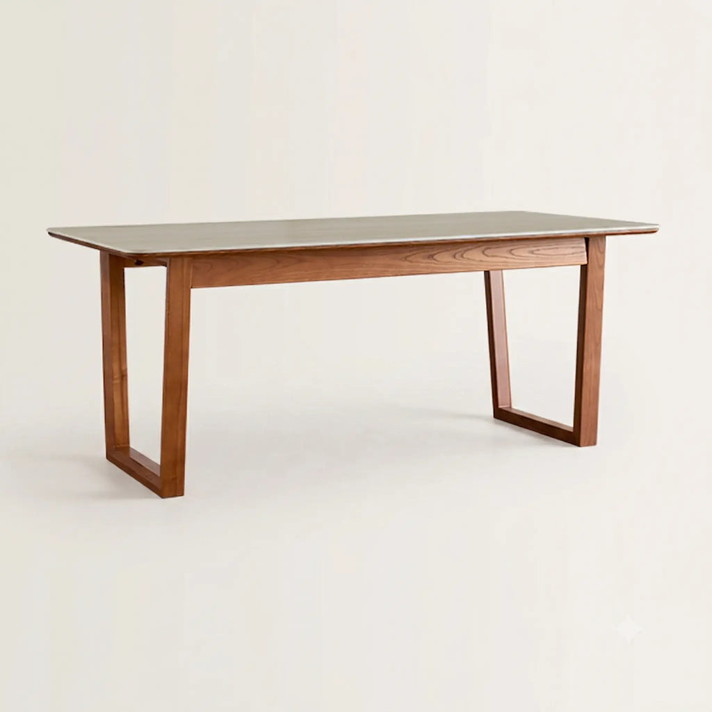 Travertine Sintered Stone Dining Table with Sculptural Frame and Rounded Edges