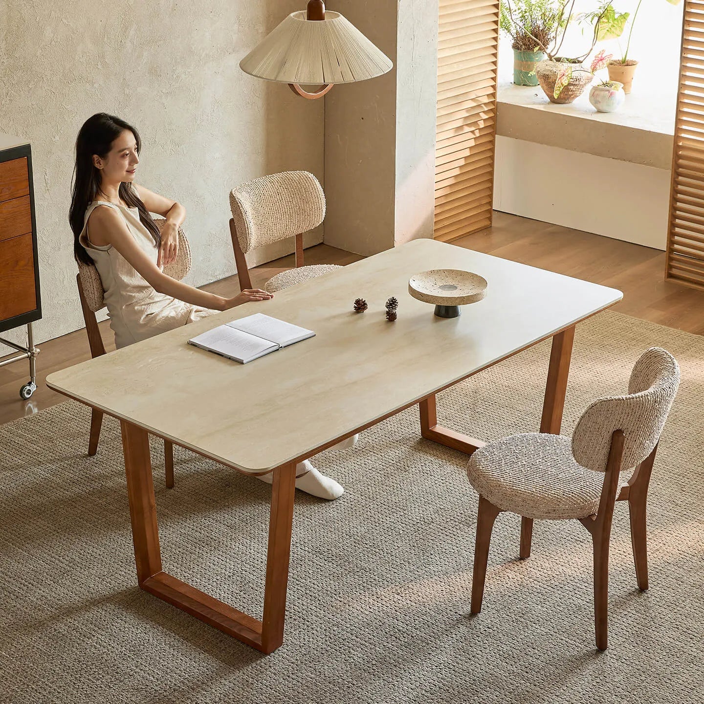 Travertine Sintered Stone Dining Table with Sculptural Frame and Rounded Edges Main Product Image