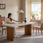 Travertine Sintered Stone Dining Table with Sculptural T-Leg Base and Mid-Century Fluted Detail