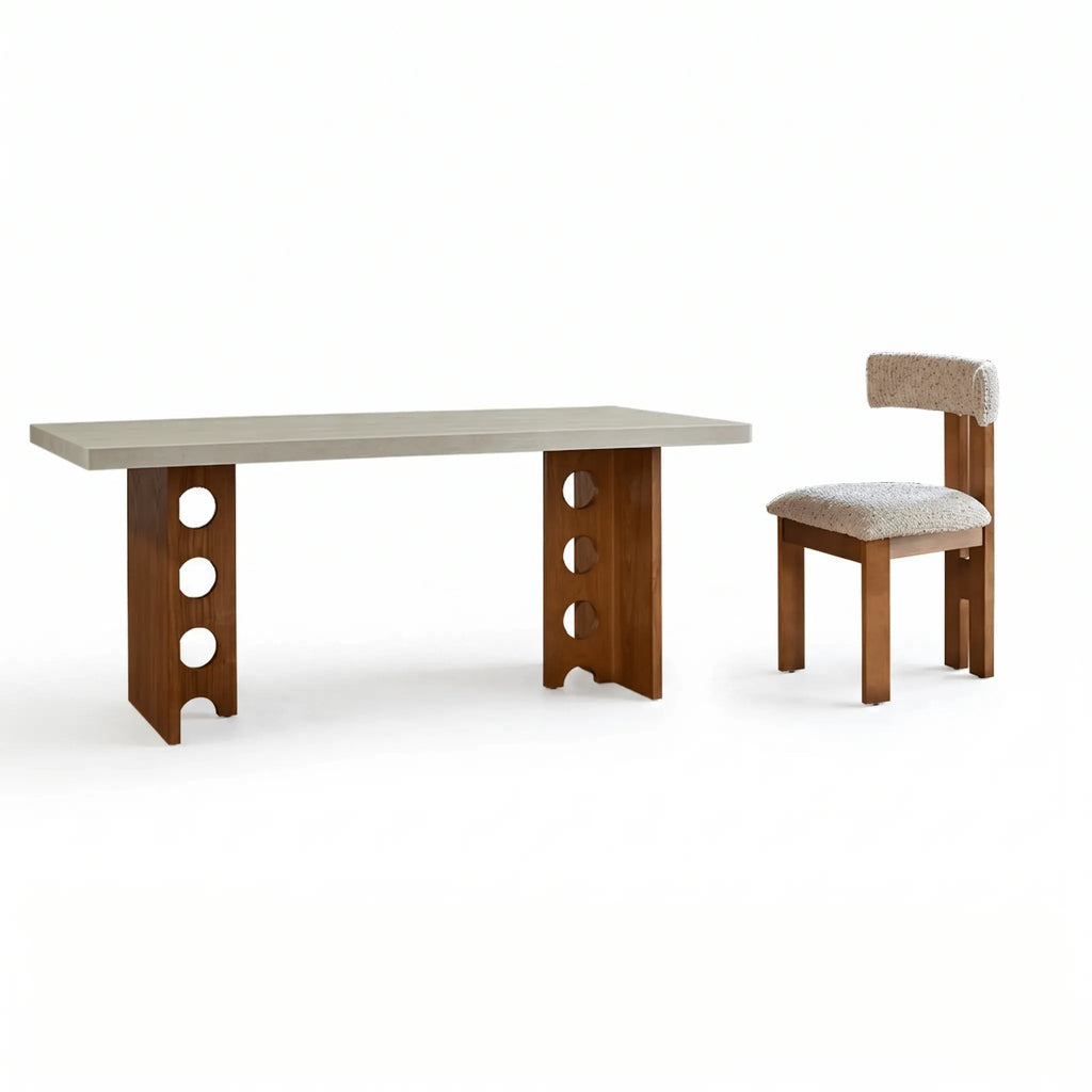 Travertine Sintered Stone Dining Table with Sculptural T-Leg Base and Mid-Century Fluted Detail