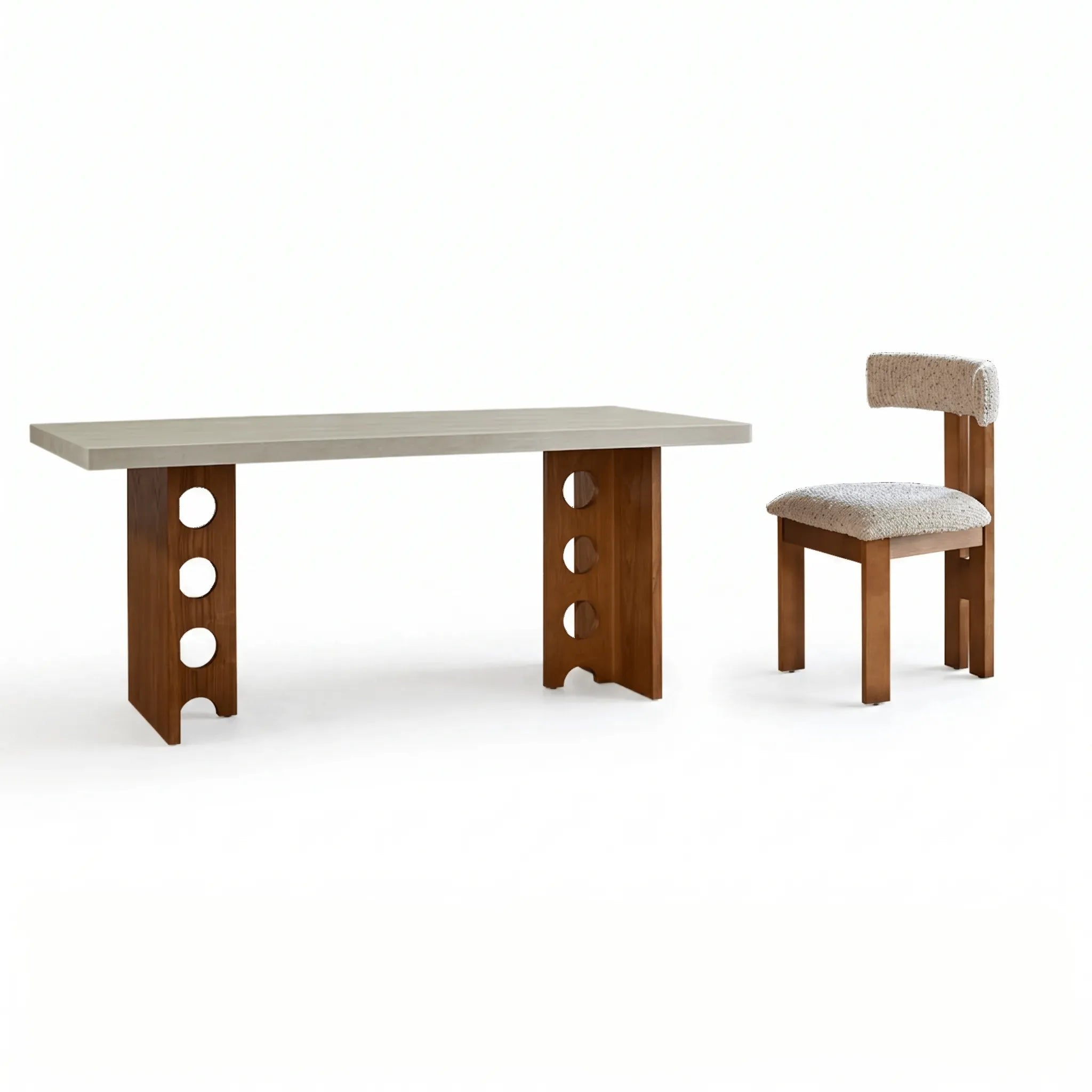 Travertine Sintered Stone Dining Table with Sculptural T-Leg Base and Mid-Century Fluted Detail