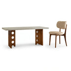Travertine Sintered Stone Dining Table with Sculptural T-Leg Base and Mid-Century Fluted Detail