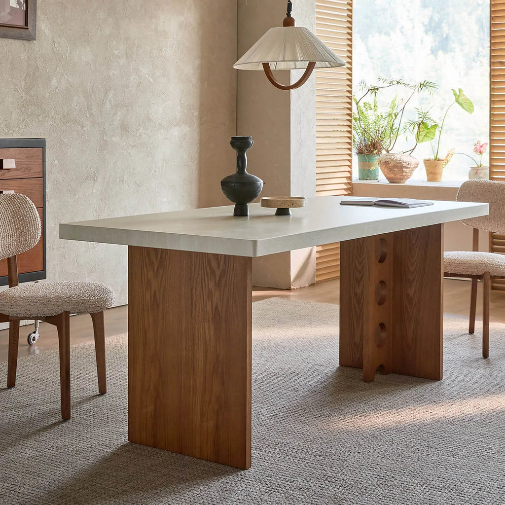 Travertine Sintered Stone Dining Table with Sculptural T-Leg Base and Mid-Century Fluted Detail