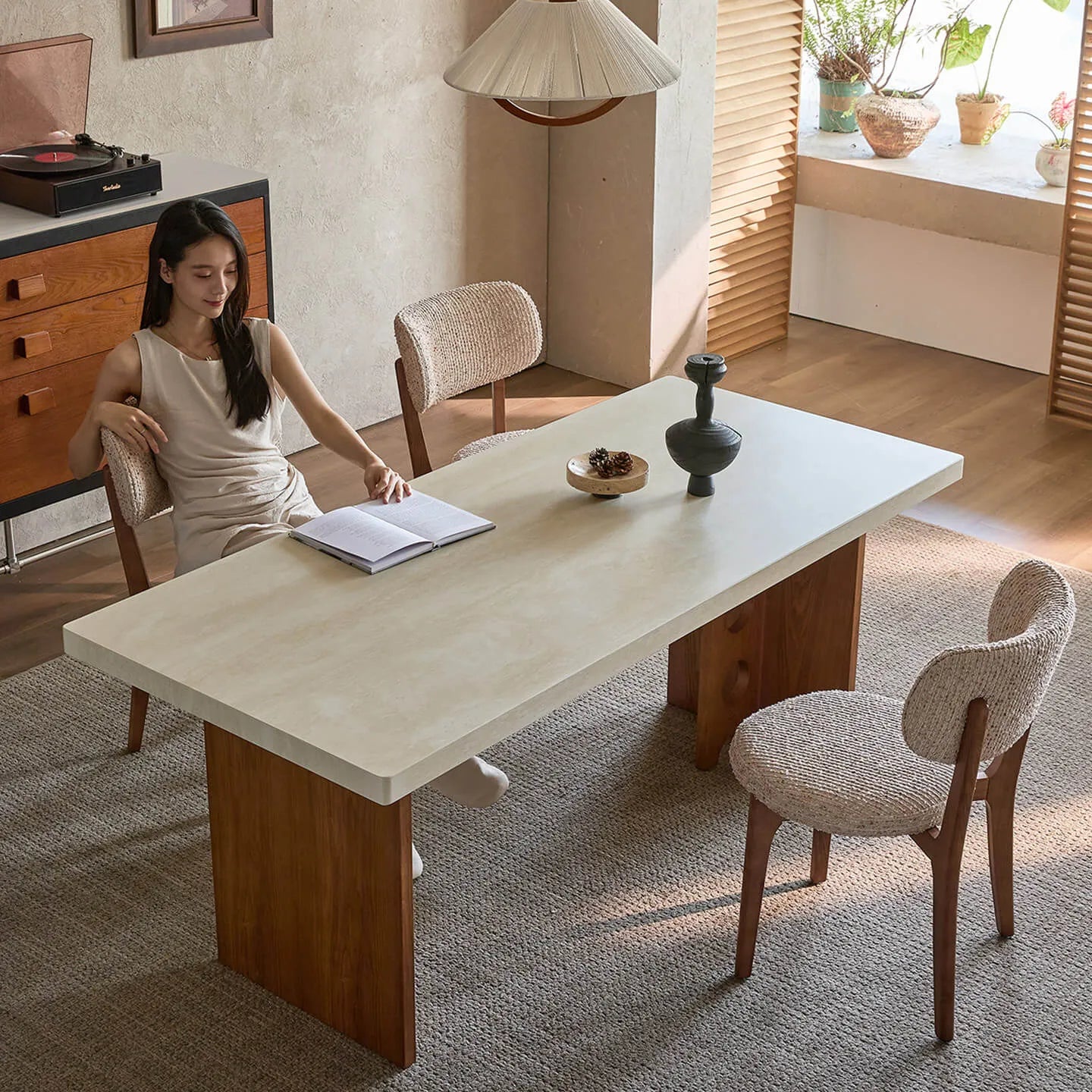 Travertine Sintered Stone Dining Table with Sculptural T-Leg Base and Mid-Century Fluted Detail