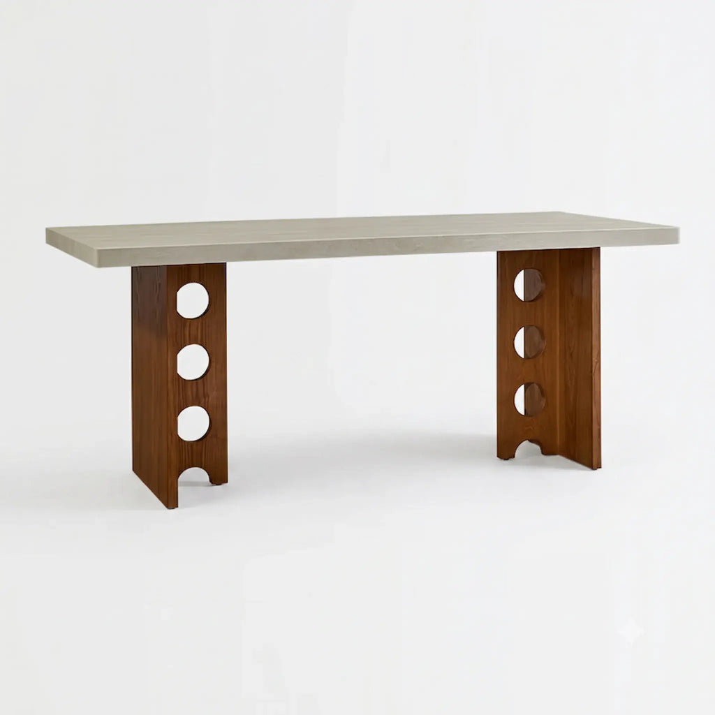 Travertine Sintered Stone Dining Table with Sculptural T-Leg Base and Mid-Century Fluted Detail