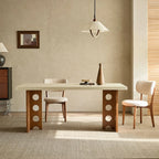 Travertine Sintered Stone Dining Table with Sculptural T-Leg Base and Mid-Century Fluted Detail Main Product Image