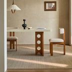 Travertine Sintered Stone Dining Table with Sculptural T-Leg Base and Mid-Century Fluted Detail