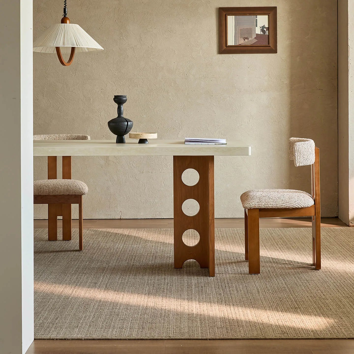 Travertine Sintered Stone Dining Table with Sculptural T-Leg Base and Mid-Century Fluted Detail