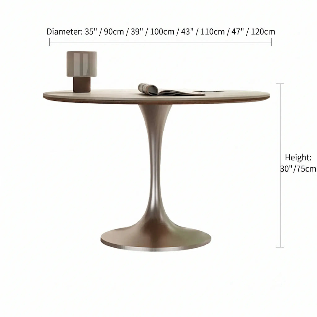 Travertine Sintered Stone Dining Table with Sculptural Tulip Base and Matte Textured Finish Dimensions