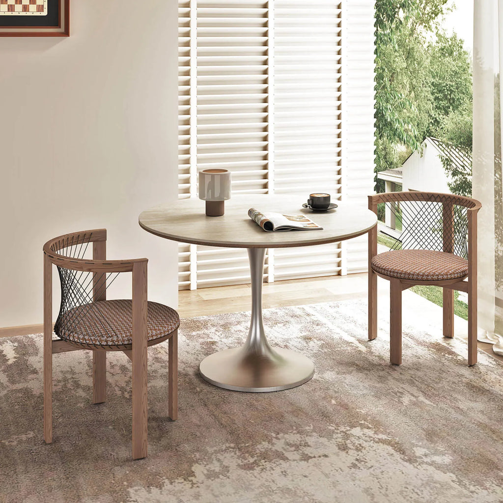 Travertine Sintered Stone Dining Table with Sculptural Tulip Base and Matte Textured Finish