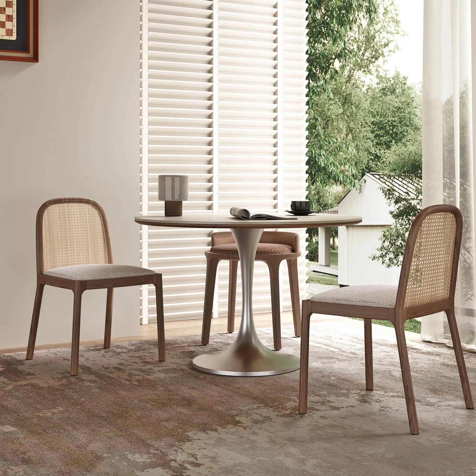 Travertine Sintered Stone Dining Table with Sculptural Tulip Base and Matte Textured Finish