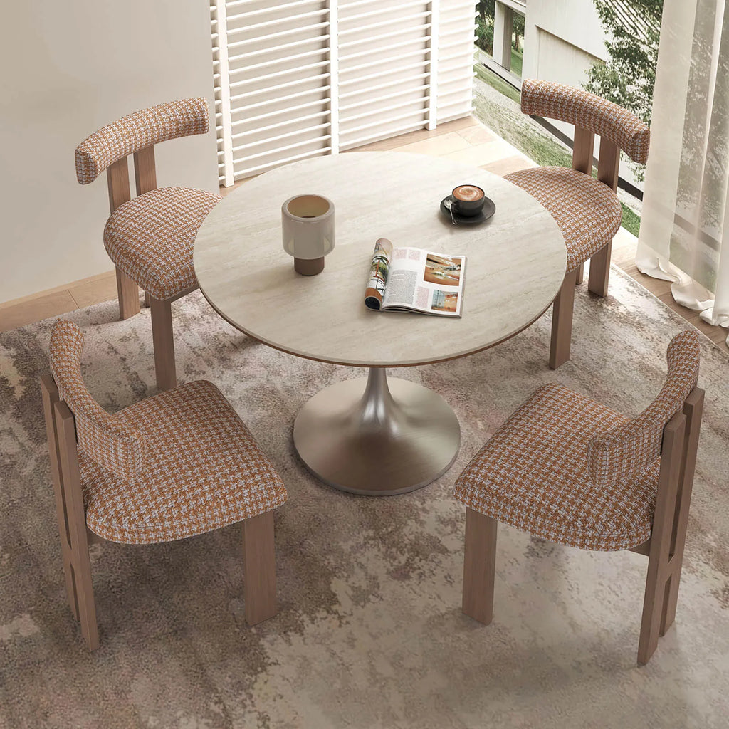 Travertine Sintered Stone Dining Table with Sculptural Tulip Base and Matte Textured Finish