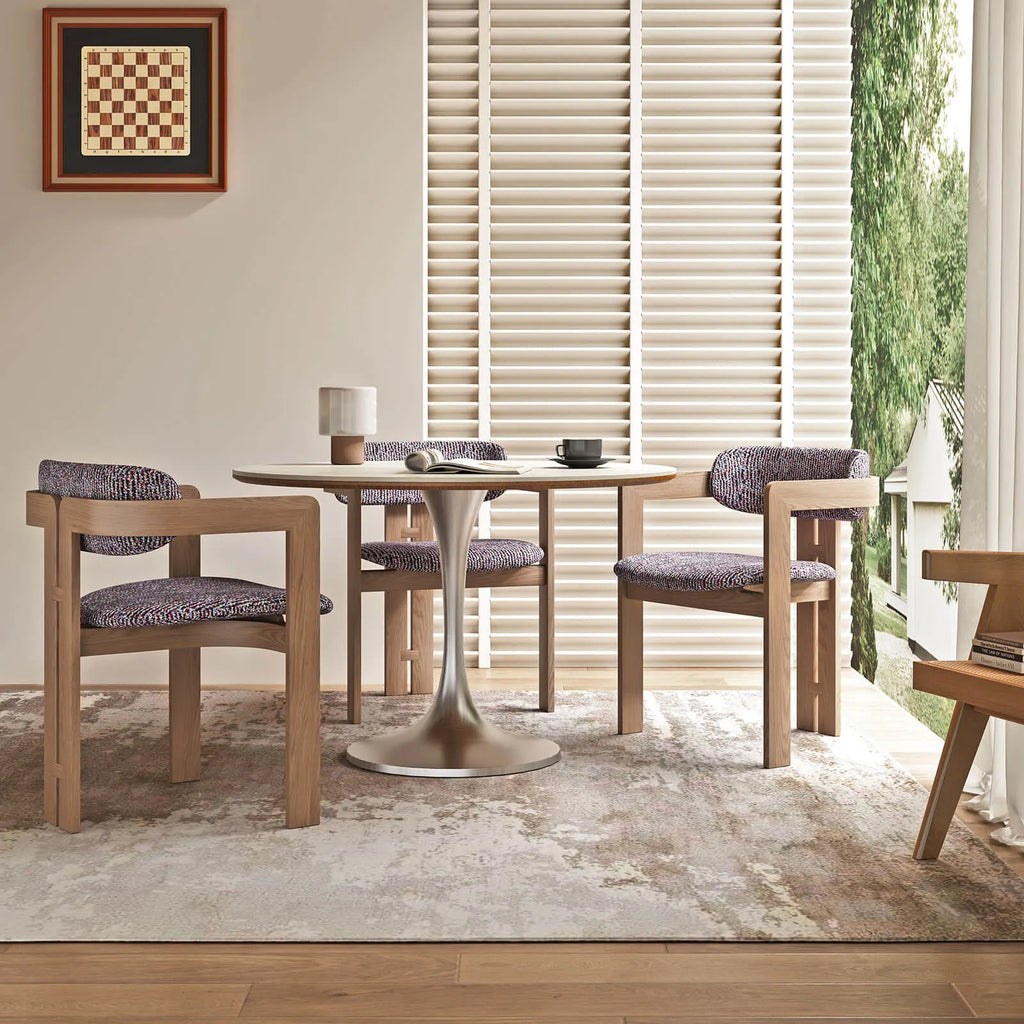 Travertine Sintered Stone Dining Table with Sculptural Tulip Base and Matte Textured Finish Main Product Image