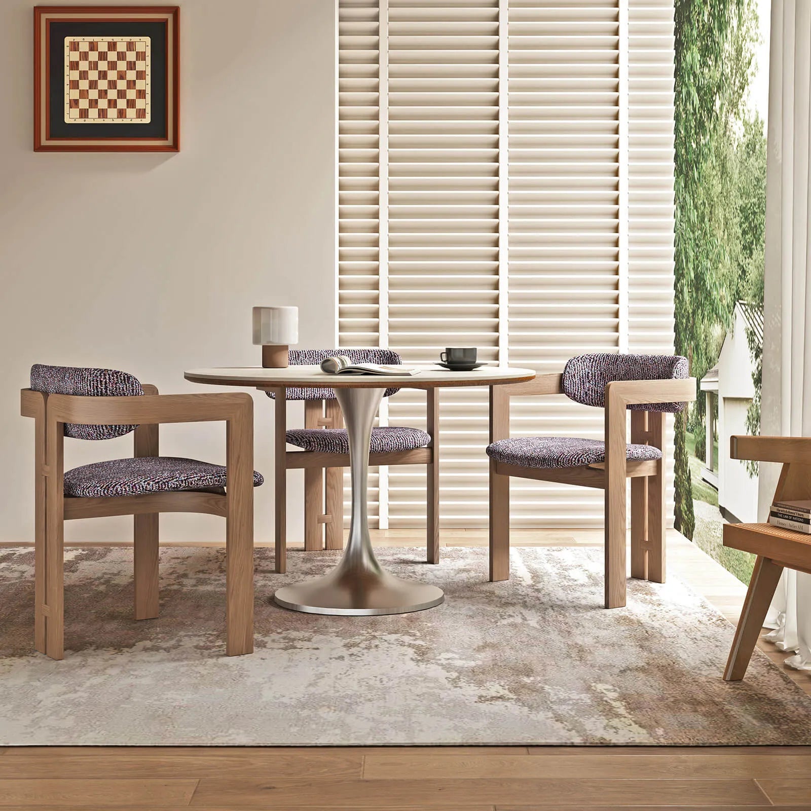 Travertine Sintered Stone Dining Table with Sculptural Tulip Base and Matte Textured Finish Main Product Image Main image