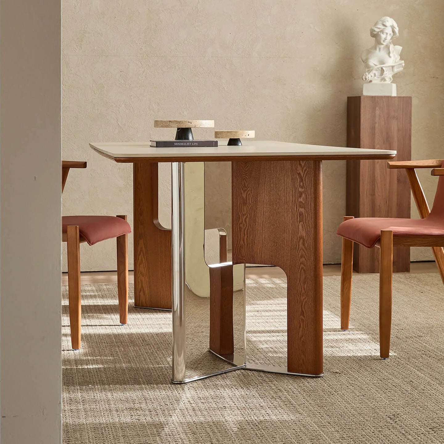 Travertine Sintered Stone Dining Table with Sculptural Wood-Metal Base