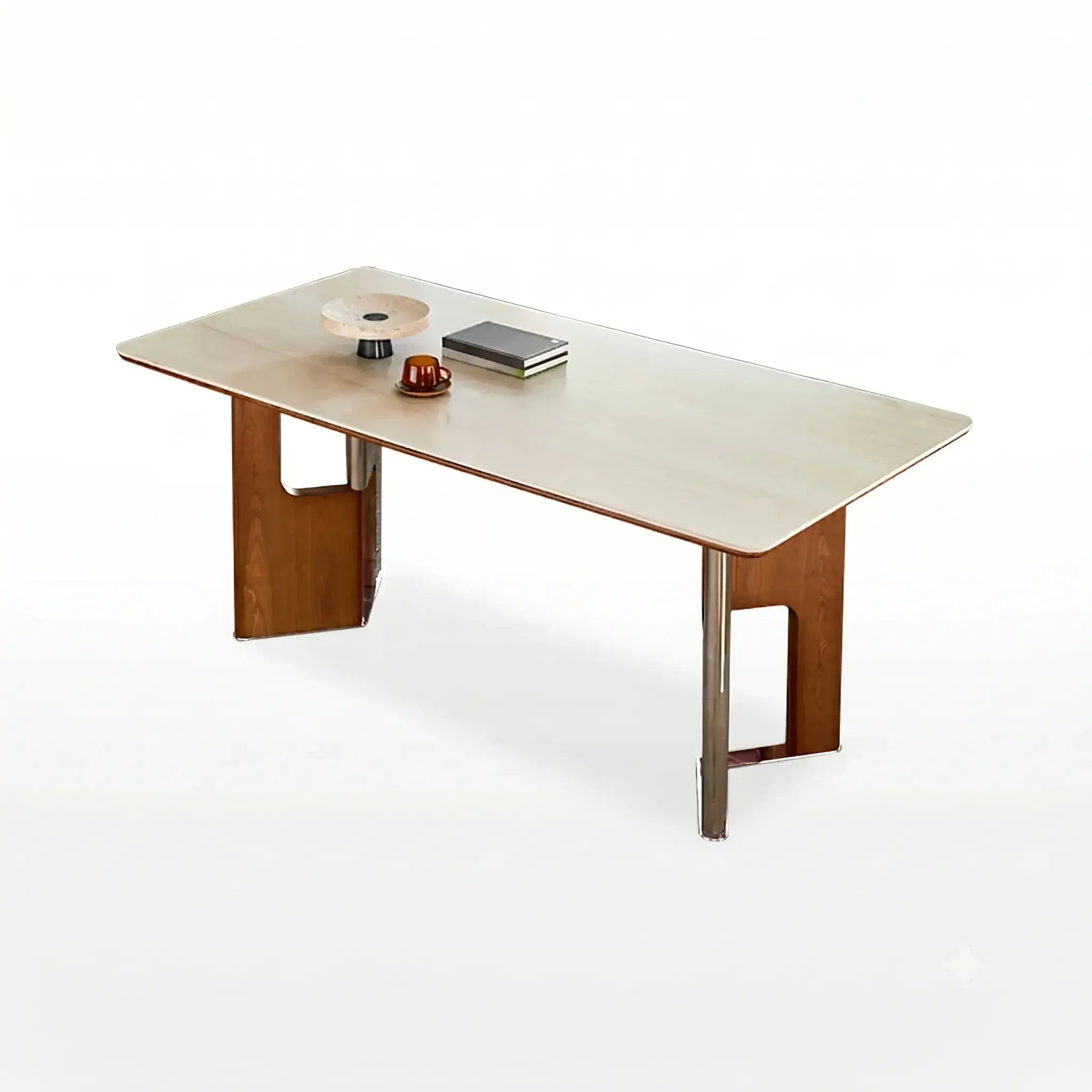 Travertine Sintered Stone Dining Table with Sculptural Wood-Metal Base