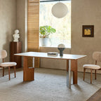 Travertine Sintered Stone Dining Table with Sculptural Wood-Metal Base