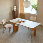 Travertine Sintered Stone Dining Table with Sculptural Wood-Metal Base