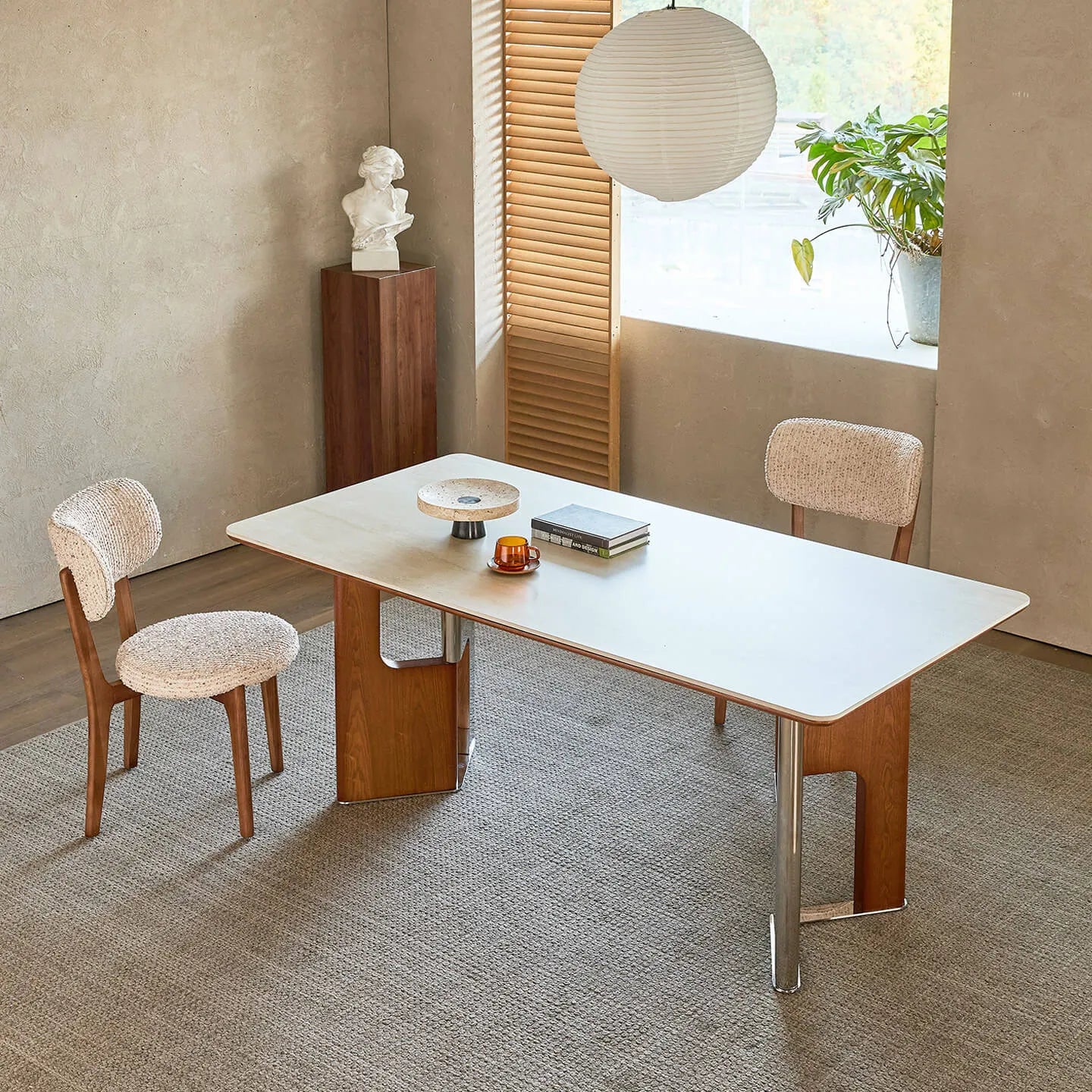 Travertine Sintered Stone Dining Table with Sculptural Wood-Metal Base