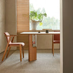 Travertine Sintered Stone Dining Table with Sculptural Wood-Metal Base