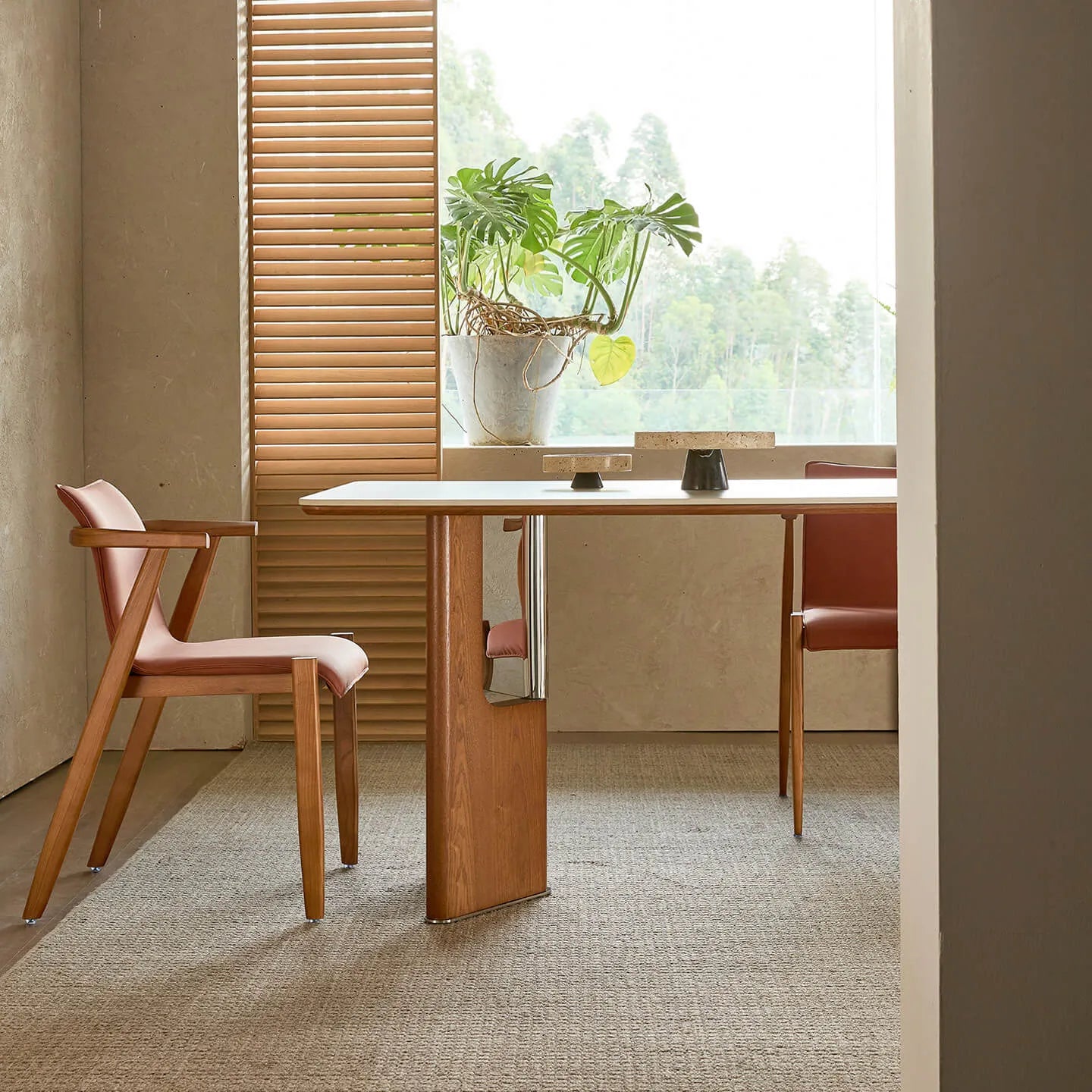 Travertine Sintered Stone Dining Table with Sculptural Wood-Metal Base