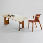 Travertine Sintered Stone Dining Table with Sculptural Wood-Metal Base