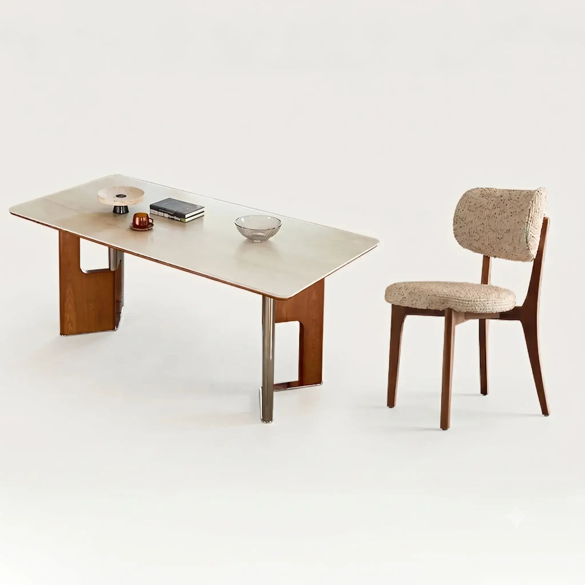 Travertine Sintered Stone Dining Table with Sculptural Wood-Metal Base