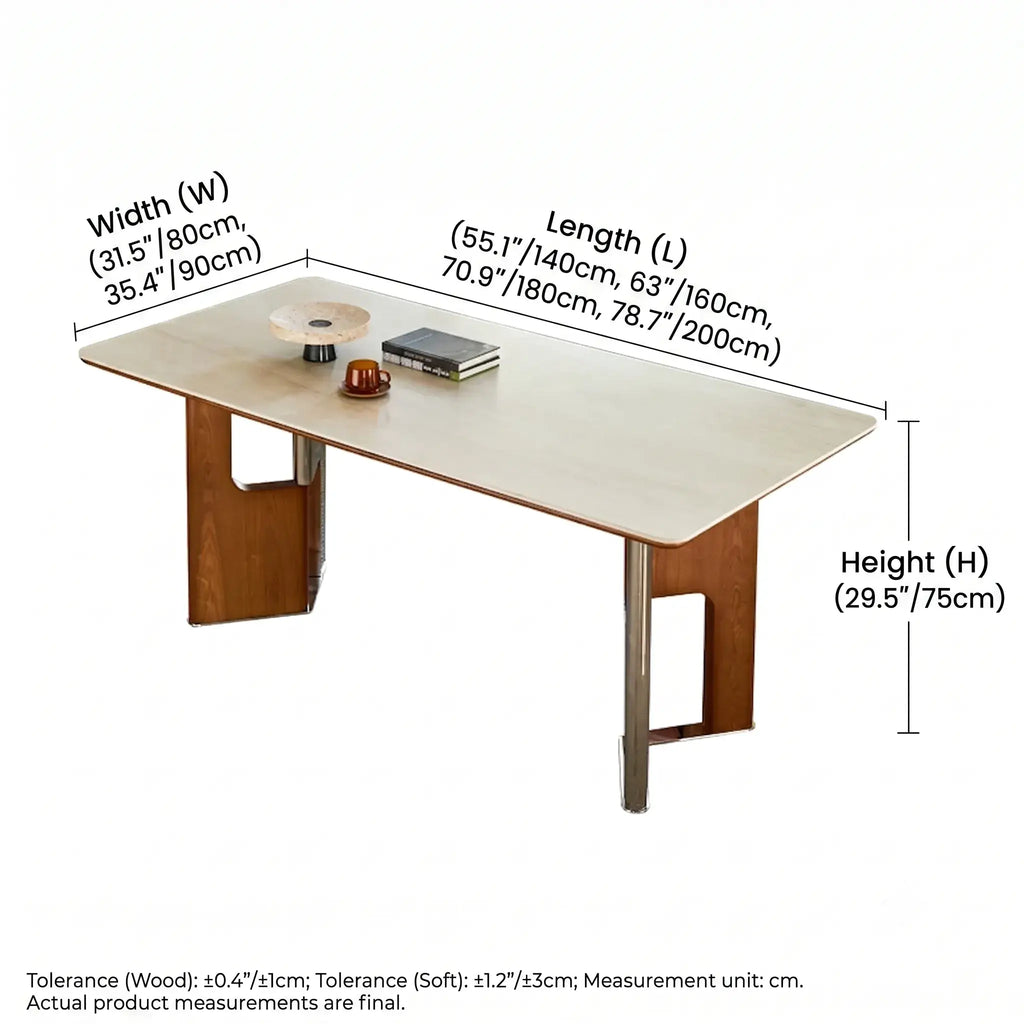 Travertine Sintered Stone Dining Table with Sculptural Wood-Metal Base Dimensions