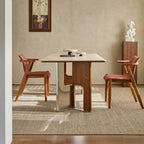 Travertine Sintered Stone Dining Table with Sculptural Wood-Metal Base Main Product Image